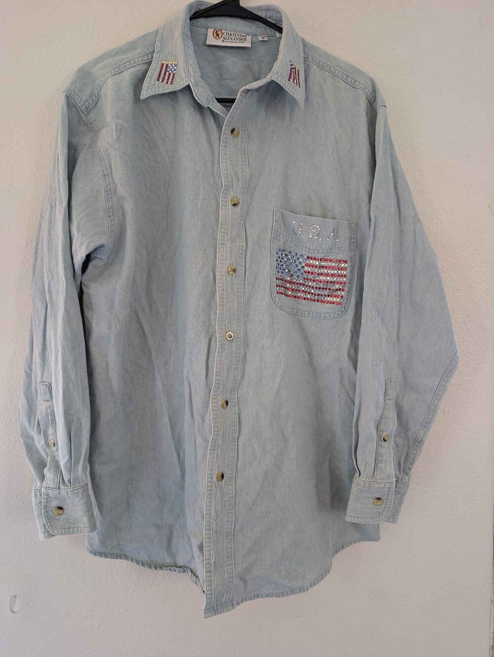 Christine Alexander Light Blue Denim Button-Down Shirt with USA Rhinestone Flag
